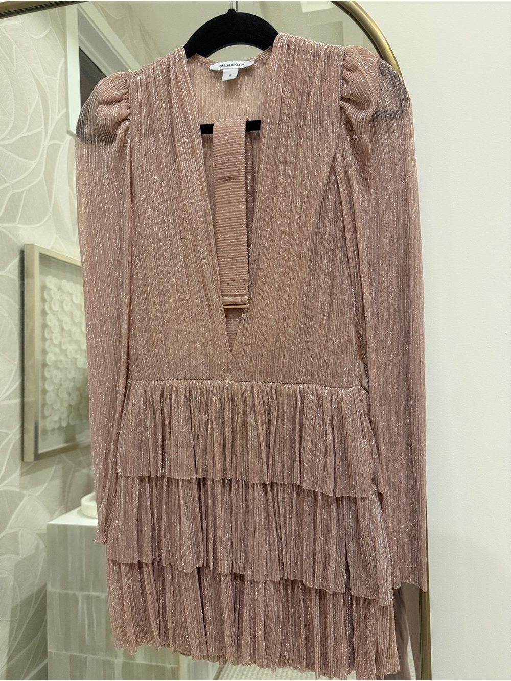 Sabina Musayev Shimmery Dusty Pink Tiered Long-Sleeve Dress